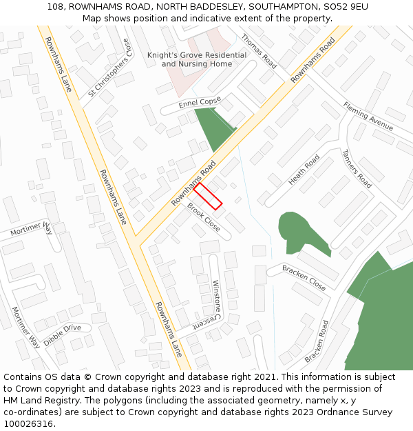 108, ROWNHAMS ROAD, NORTH BADDESLEY, SOUTHAMPTON, SO52 9EU: Location map and indicative extent of plot