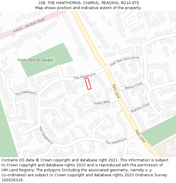 108, THE HAWTHORNS, CHARVIL, READING, RG10 9TS: Location map and indicative extent of plot