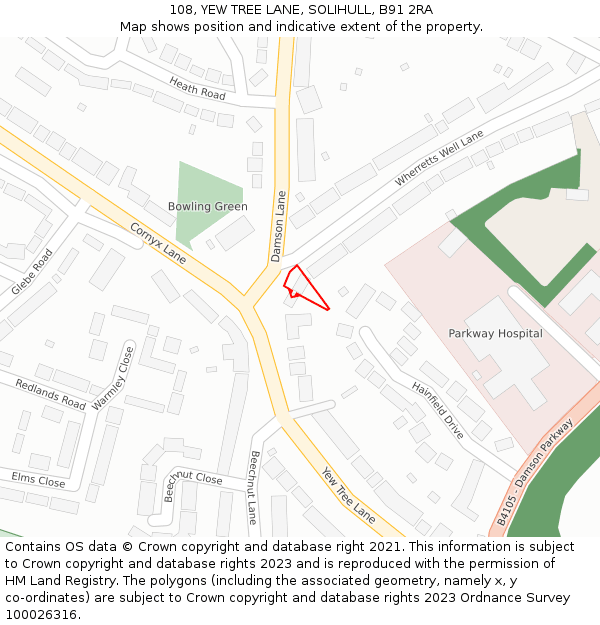 108, YEW TREE LANE, SOLIHULL, B91 2RA: Location map and indicative extent of plot