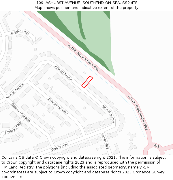 109, ASHURST AVENUE, SOUTHEND-ON-SEA, SS2 4TE: Location map and indicative extent of plot