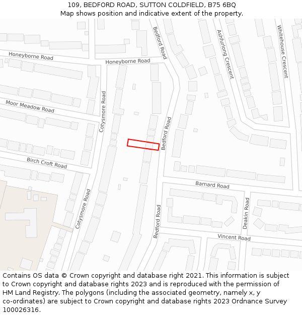 109, BEDFORD ROAD, SUTTON COLDFIELD, B75 6BQ: Location map and indicative extent of plot