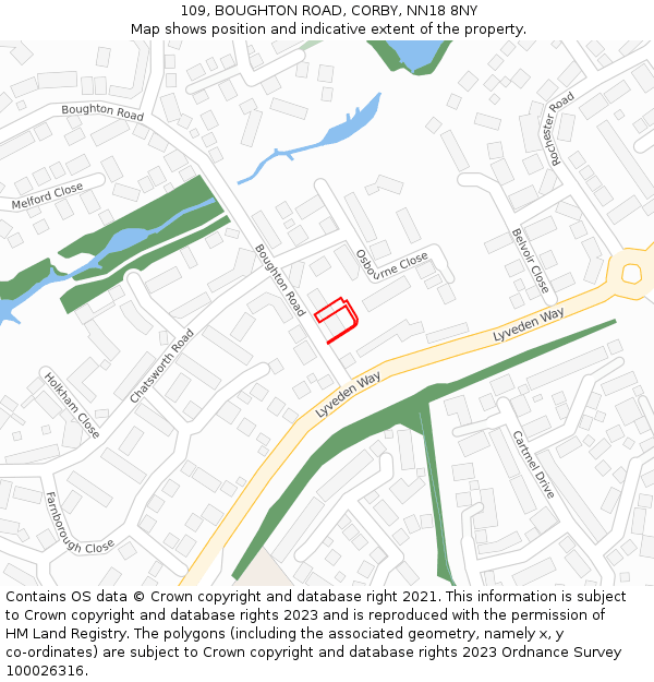 109, BOUGHTON ROAD, CORBY, NN18 8NY: Location map and indicative extent of plot