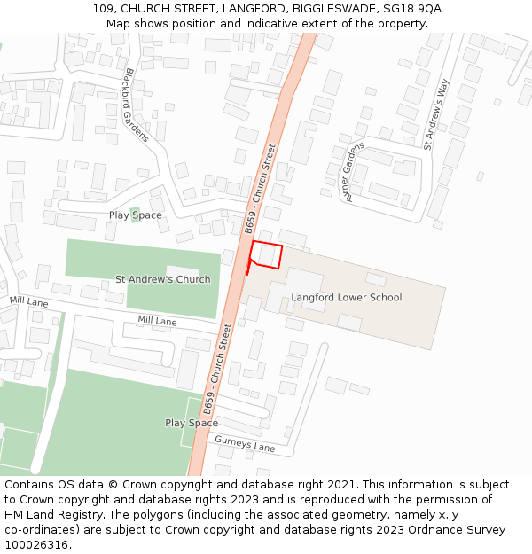 109, CHURCH STREET, LANGFORD, BIGGLESWADE, SG18 9QA: Location map and indicative extent of plot