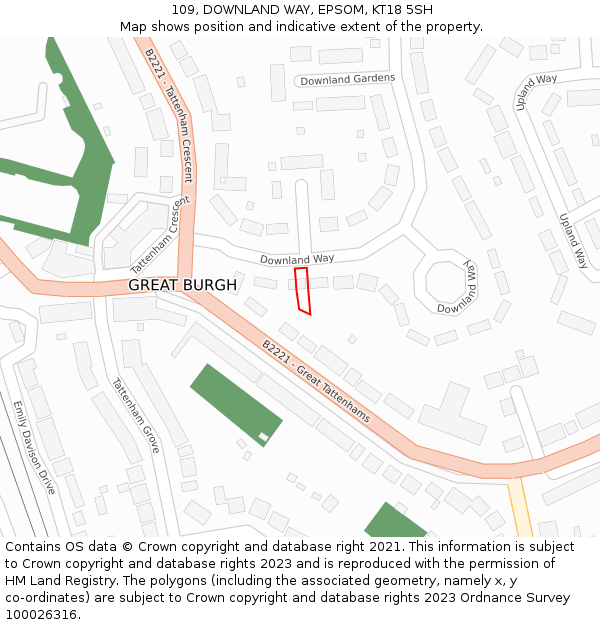109, DOWNLAND WAY, EPSOM, KT18 5SH: Location map and indicative extent of plot