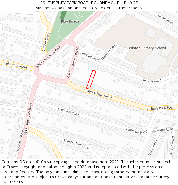 109, ENSBURY PARK ROAD, BOURNEMOUTH, BH9 2SH: Location map and indicative extent of plot