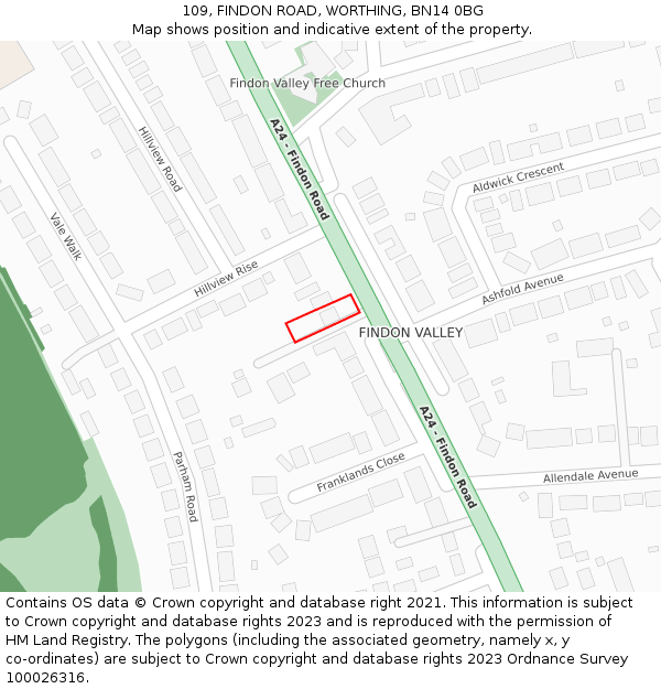 109, FINDON ROAD, WORTHING, BN14 0BG: Location map and indicative extent of plot