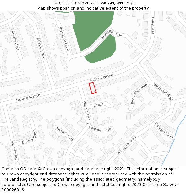 109, FULBECK AVENUE, WIGAN, WN3 5QL: Location map and indicative extent of plot