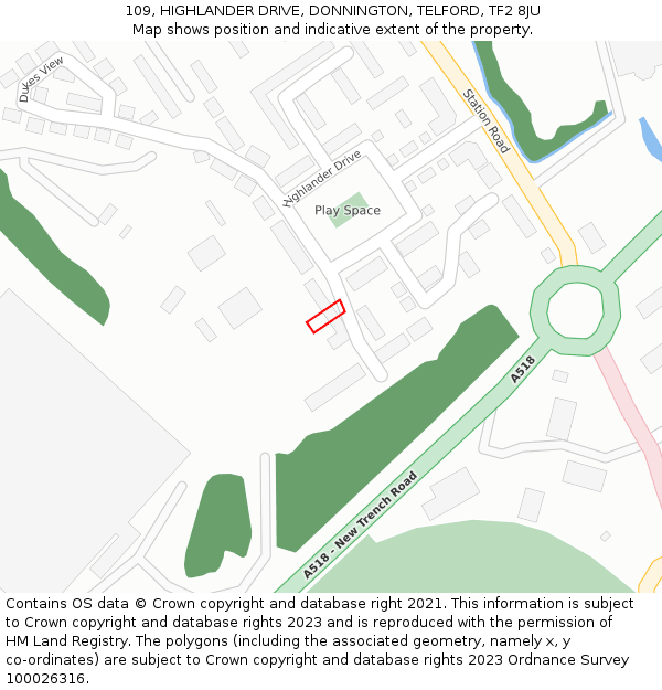 109, HIGHLANDER DRIVE, DONNINGTON, TELFORD, TF2 8JU: Location map and indicative extent of plot
