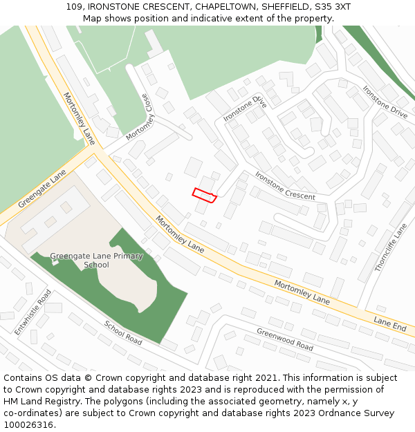 109, IRONSTONE CRESCENT, CHAPELTOWN, SHEFFIELD, S35 3XT: Location map and indicative extent of plot