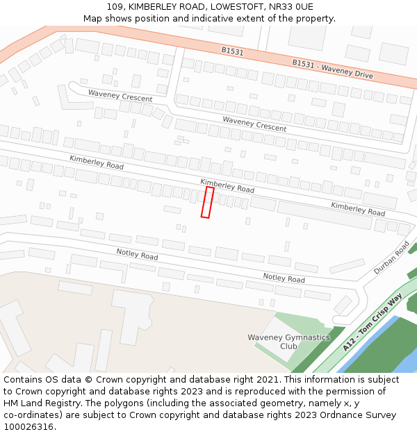 109, KIMBERLEY ROAD, LOWESTOFT, NR33 0UE: Location map and indicative extent of plot