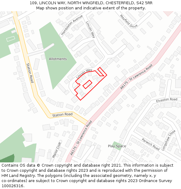 109, LINCOLN WAY, NORTH WINGFIELD, CHESTERFIELD, S42 5RR: Location map and indicative extent of plot