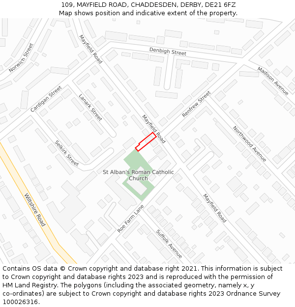 109, MAYFIELD ROAD, CHADDESDEN, DERBY, DE21 6FZ: Location map and indicative extent of plot