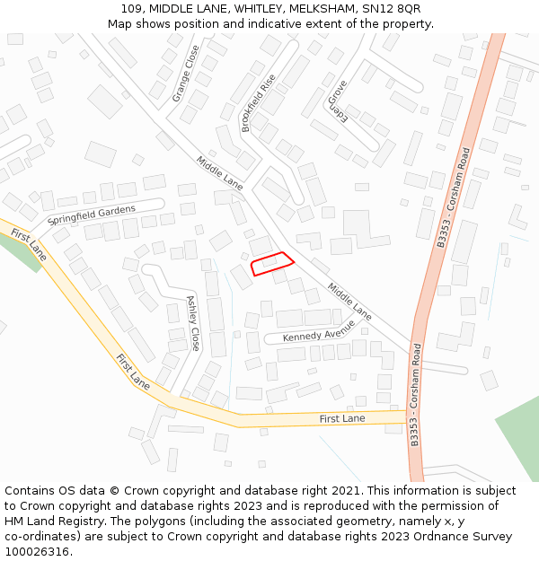 109, MIDDLE LANE, WHITLEY, MELKSHAM, SN12 8QR: Location map and indicative extent of plot