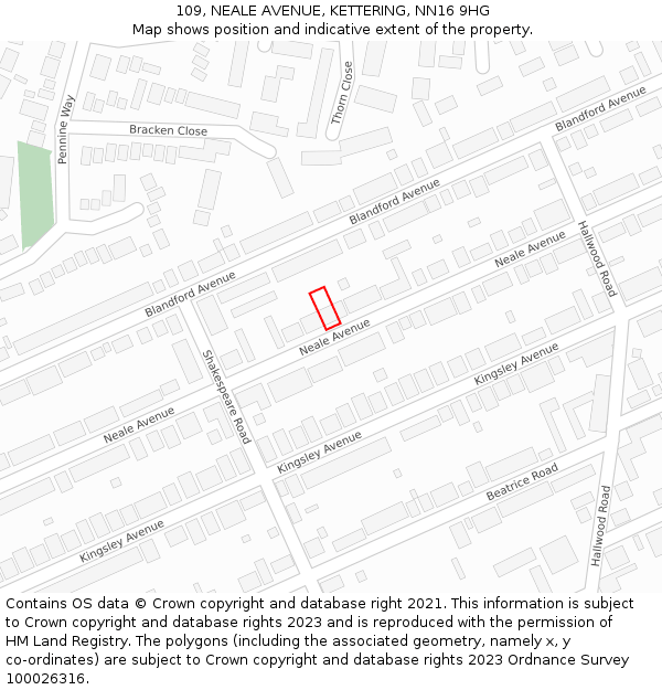 109, NEALE AVENUE, KETTERING, NN16 9HG: Location map and indicative extent of plot