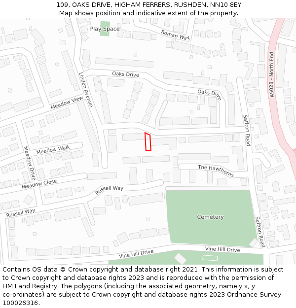 109, OAKS DRIVE, HIGHAM FERRERS, RUSHDEN, NN10 8EY: Location map and indicative extent of plot