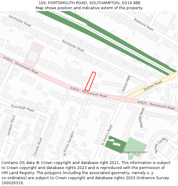 109, PORTSMOUTH ROAD, SOUTHAMPTON, SO19 9BE: Location map and indicative extent of plot