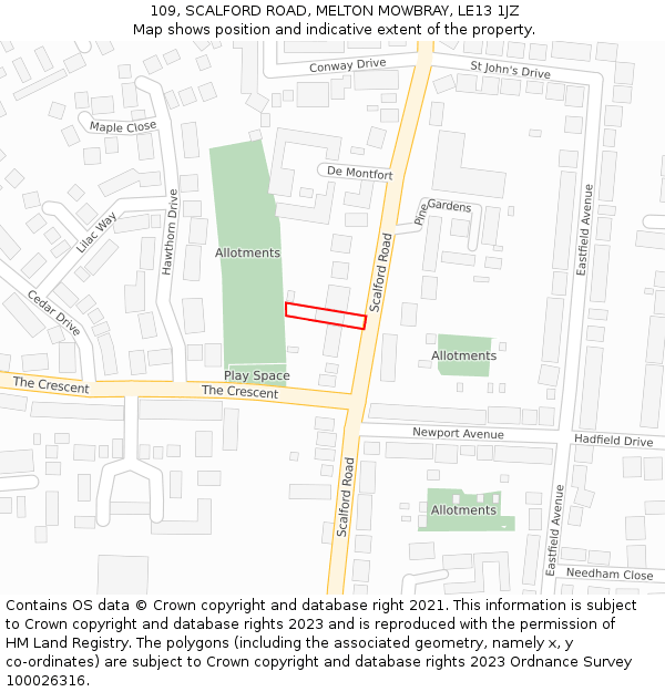 109, SCALFORD ROAD, MELTON MOWBRAY, LE13 1JZ: Location map and indicative extent of plot