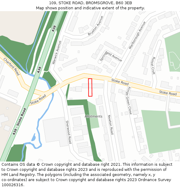 109, STOKE ROAD, BROMSGROVE, B60 3EB: Location map and indicative extent of plot