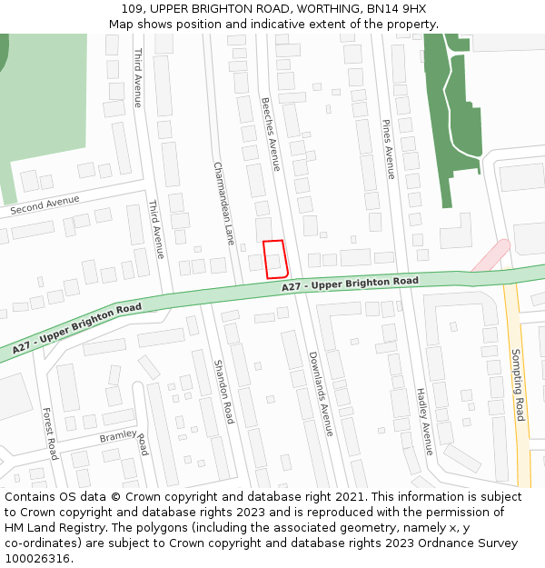 109, UPPER BRIGHTON ROAD, WORTHING, BN14 9HX: Location map and indicative extent of plot