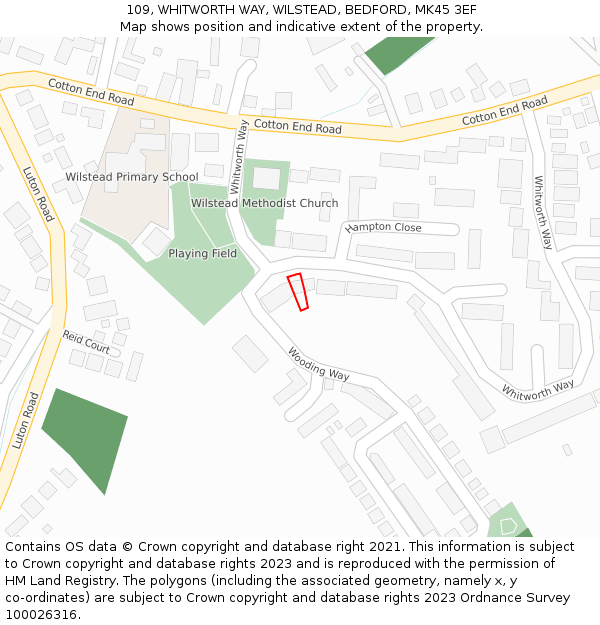 109, WHITWORTH WAY, WILSTEAD, BEDFORD, MK45 3EF: Location map and indicative extent of plot