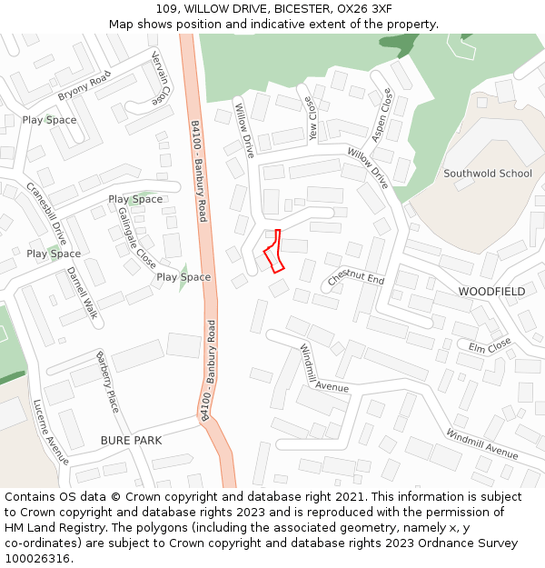 109, WILLOW DRIVE, BICESTER, OX26 3XF: Location map and indicative extent of plot