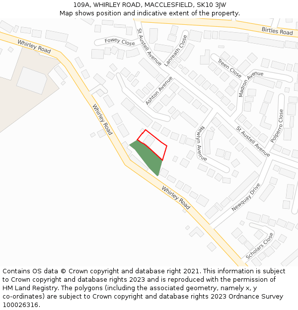 109A, WHIRLEY ROAD, MACCLESFIELD, SK10 3JW: Location map and indicative extent of plot