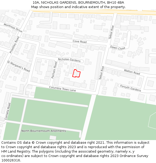 10A, NICHOLAS GARDENS, BOURNEMOUTH, BH10 4BA: Location map and indicative extent of plot