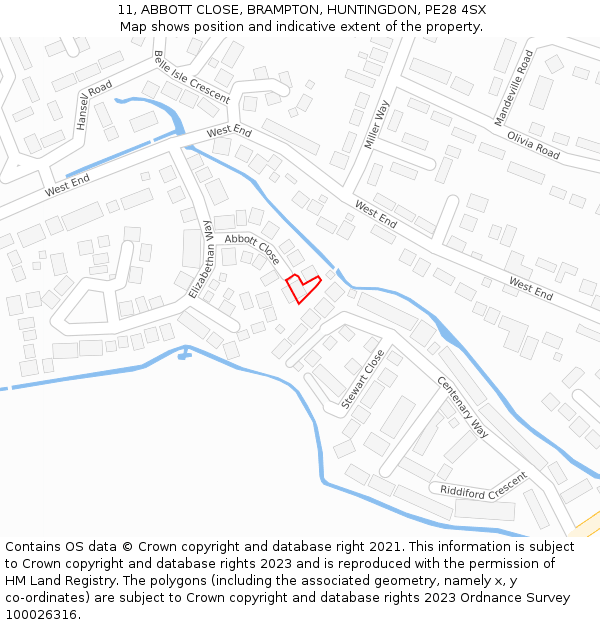 11, ABBOTT CLOSE, BRAMPTON, HUNTINGDON, PE28 4SX: Location map and indicative extent of plot