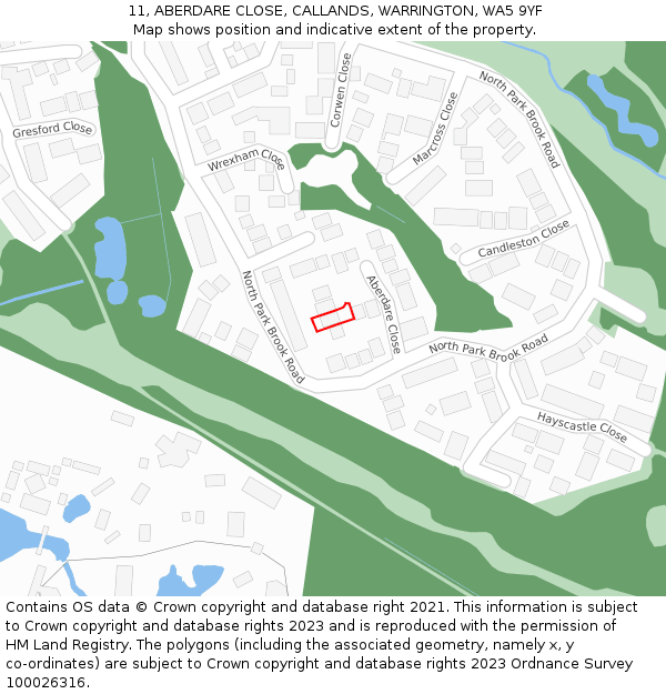 11, ABERDARE CLOSE, CALLANDS, WARRINGTON, WA5 9YF: Location map and indicative extent of plot