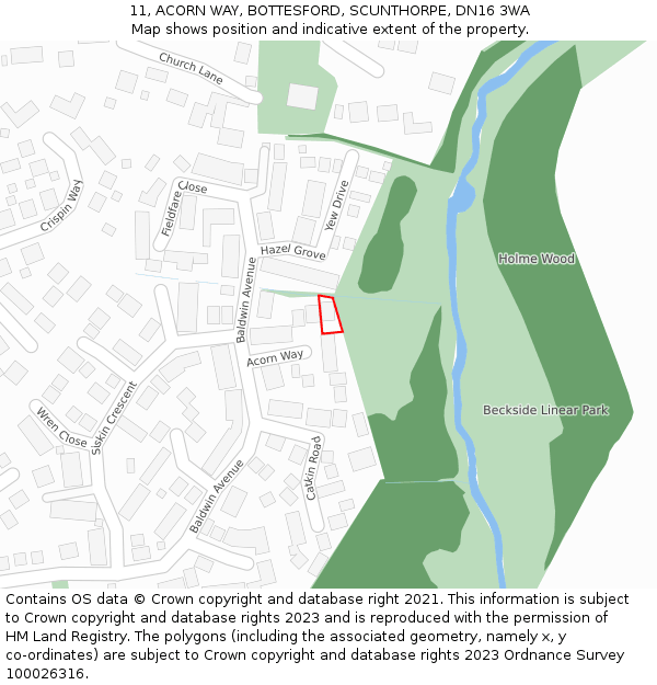 11, ACORN WAY, BOTTESFORD, SCUNTHORPE, DN16 3WA: Location map and indicative extent of plot