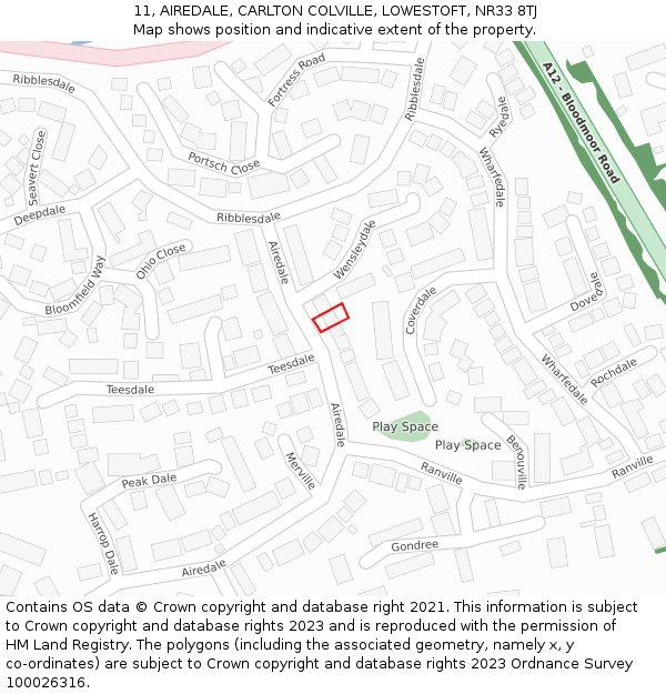 11, AIREDALE, CARLTON COLVILLE, LOWESTOFT, NR33 8TJ: Location map and indicative extent of plot