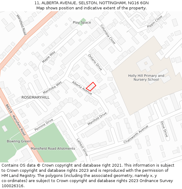 11, ALBERTA AVENUE, SELSTON, NOTTINGHAM, NG16 6GN: Location map and indicative extent of plot