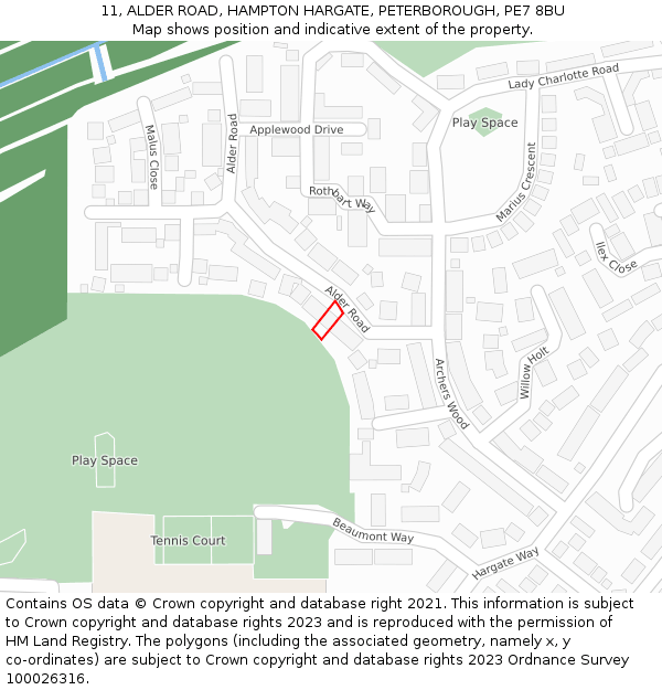 11, ALDER ROAD, HAMPTON HARGATE, PETERBOROUGH, PE7 8BU: Location map and indicative extent of plot