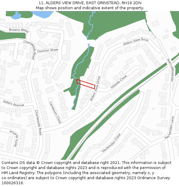11, ALDERS VIEW DRIVE, EAST GRINSTEAD, RH19 2DN: Location map and indicative extent of plot