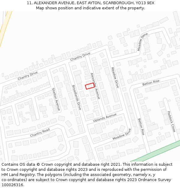 11, ALEXANDER AVENUE, EAST AYTON, SCARBOROUGH, YO13 9EX: Location map and indicative extent of plot