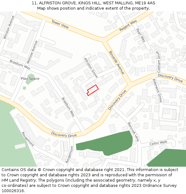 11, ALFRISTON GROVE, KINGS HILL, WEST MALLING, ME19 4AS: Location map and indicative extent of plot