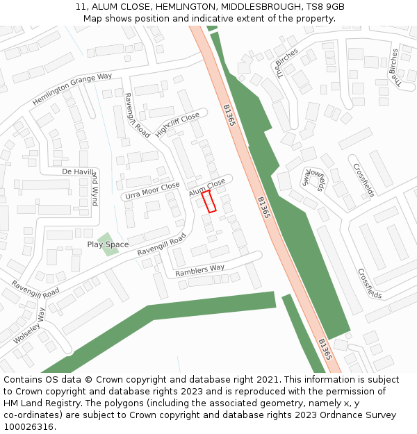 11, ALUM CLOSE, HEMLINGTON, MIDDLESBROUGH, TS8 9GB: Location map and indicative extent of plot