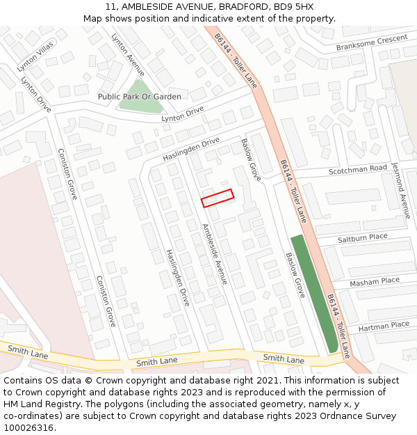 11, AMBLESIDE AVENUE, BRADFORD, BD9 5HX: Location map and indicative extent of plot