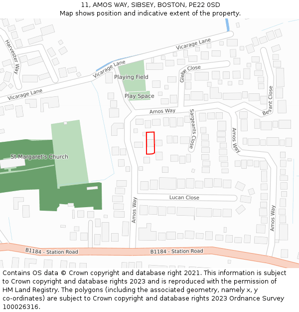11, AMOS WAY, SIBSEY, BOSTON, PE22 0SD: Location map and indicative extent of plot