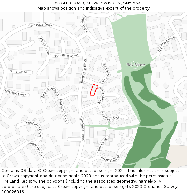 11, ANGLER ROAD, SHAW, SWINDON, SN5 5SX: Location map and indicative extent of plot
