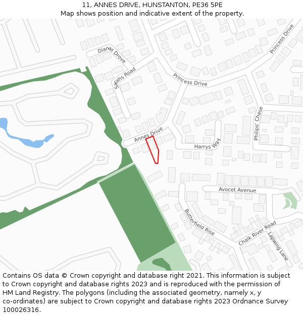 11, ANNES DRIVE, HUNSTANTON, PE36 5PE: Location map and indicative extent of plot
