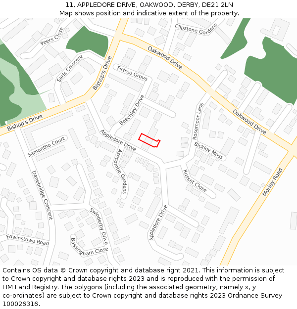 11, APPLEDORE DRIVE, OAKWOOD, DERBY, DE21 2LN: Location map and indicative extent of plot