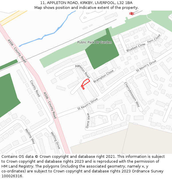 11, APPLETON ROAD, KIRKBY, LIVERPOOL, L32 1BA: Location map and indicative extent of plot