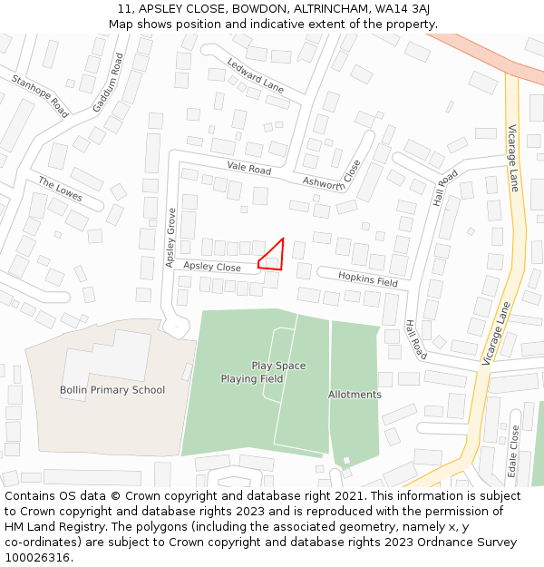 11, APSLEY CLOSE, BOWDON, ALTRINCHAM, WA14 3AJ: Location map and indicative extent of plot