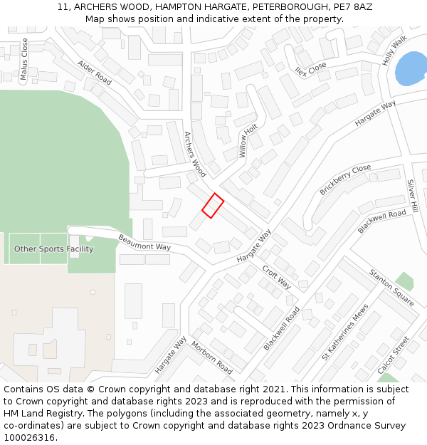 11, ARCHERS WOOD, HAMPTON HARGATE, PETERBOROUGH, PE7 8AZ: Location map and indicative extent of plot