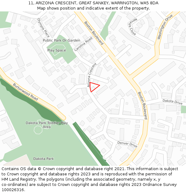 11, ARIZONA CRESCENT, GREAT SANKEY, WARRINGTON, WA5 8DA: Location map and indicative extent of plot