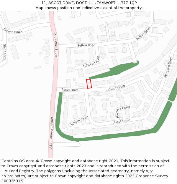 11, ASCOT DRIVE, DOSTHILL, TAMWORTH, B77 1QP: Location map and indicative extent of plot