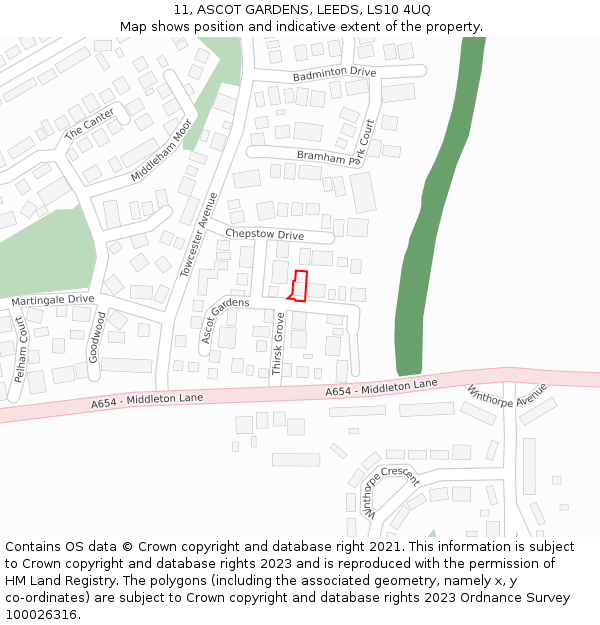 11, ASCOT GARDENS, LEEDS, LS10 4UQ: Location map and indicative extent of plot