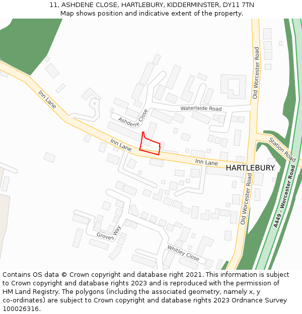 11, ASHDENE CLOSE, HARTLEBURY, KIDDERMINSTER, DY11 7TN: Location map and indicative extent of plot