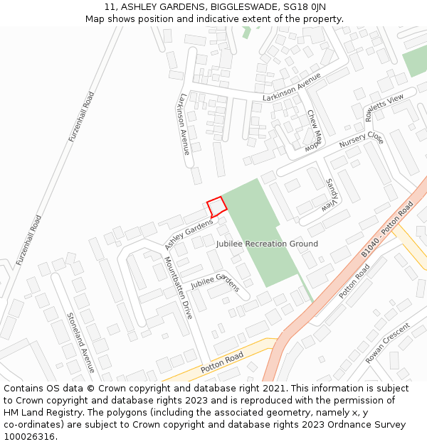 11, ASHLEY GARDENS, BIGGLESWADE, SG18 0JN: Location map and indicative extent of plot